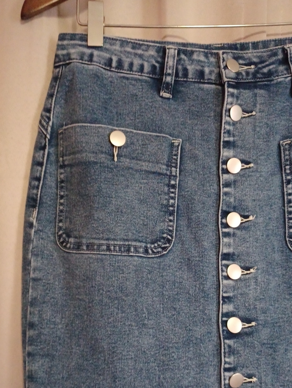 Flamingals Medium Wash Denim Button Front Split Hem Midi Skirt Pockets Stretch M - Picture 4 of 15